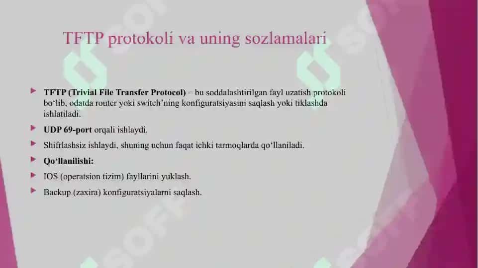 VPN TARMOG‘I VA UNING SOZLAMALARI.SYSLOG VA NTP PROTOKOLLARI VA SOZLAMALARI.AAA – AUTHENTICATION AUTHORIZATION ACCOUNTING TIZIMI VA SOZLAMALARI.TFTP PROTOKOLI VA UNING SOZLAMALARI.TROUBLESHOOTING – TARMOQ NOSOZLIKLARINI BARTARAF ETISH.VIRTUAL LOKAL TARMOQ XUSUSIYATLARI. 8