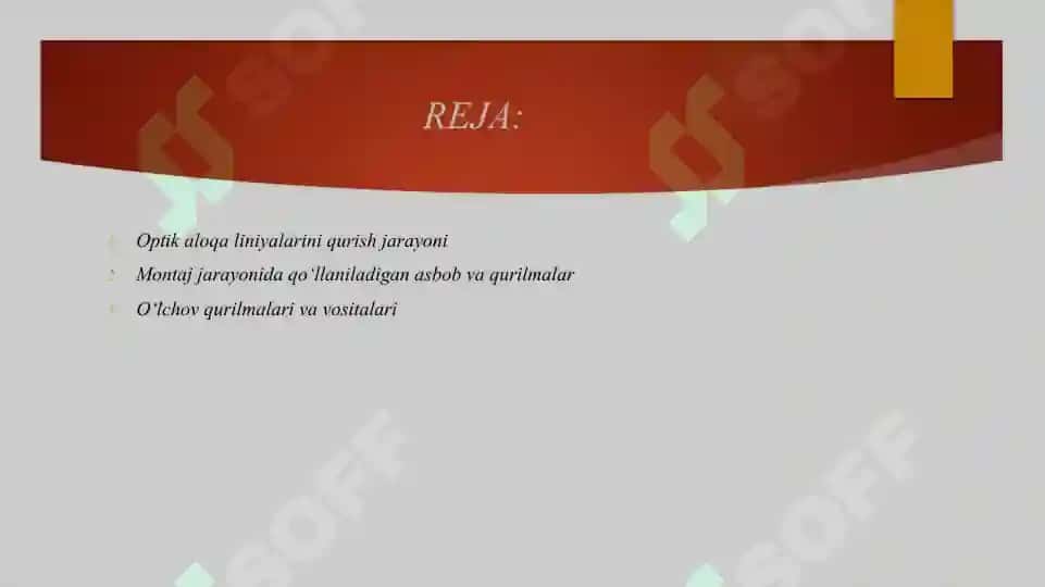 Optik aloqa liniyalarini qurilish, montaj va o’lchov qurilmalari va vositalari bilan tanishish 2