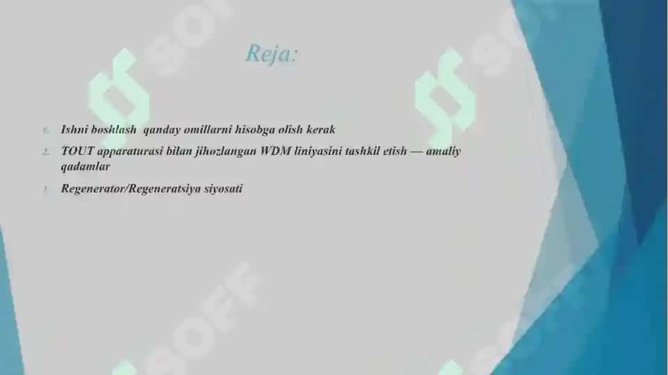 WDM toʻlqin uzunligi boʻyicha ajratilgan TOUT apparaturasi bilan jihozlangan, regeneratsiyalash seksiyasini uzunligini hisoblash va aloqani tashkil etish 2