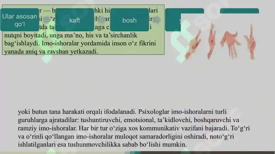 Kontekstning imo-ishoralarni talqin qilishdagi ahamiyati. Imo-ishoralarni umumlashtirish. Ko‘zlar yordamida imo-ishoralar. Kaftlar yordamida imo-ishoralar 4