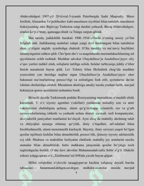 Jadid ma’rifatparvarlarining o‘lka ijtimoiy-ma’naviy hayotida  tutgan o‘rni (Munavvar Qori, Fitrat, Behbudiy, Avloniy va boshq.) 4