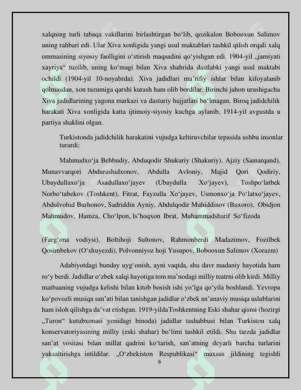 Jadid ma’rifatparvarlarining o‘lka ijtimoiy-ma’naviy hayotida  tutgan o‘rni (Munavvar Qori, Fitrat, Behbudiy, Avloniy va boshq.) 6