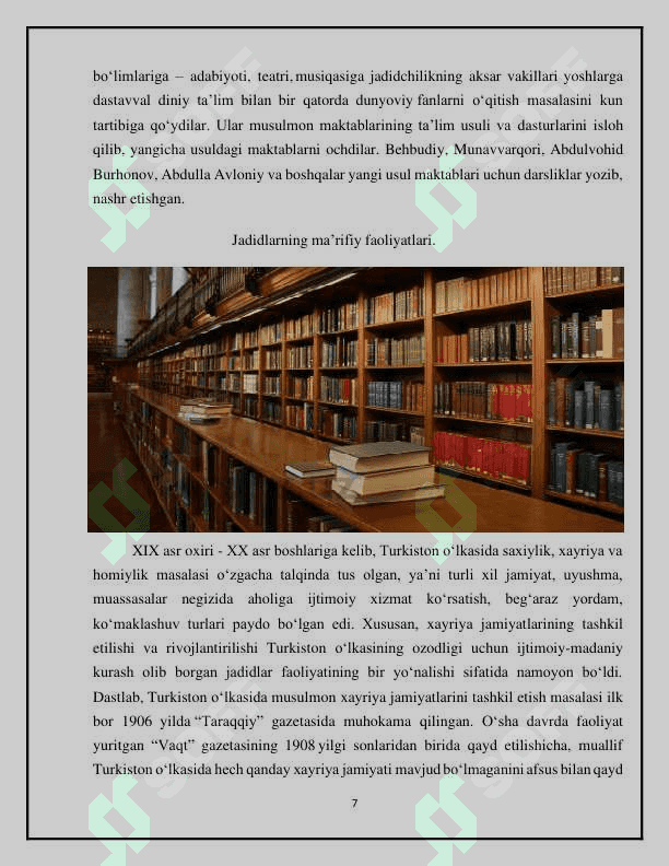 Jadid ma’rifatparvarlarining o‘lka ijtimoiy-ma’naviy hayotida  tutgan o‘rni (Munavvar Qori, Fitrat, Behbudiy, Avloniy va boshq.) 7