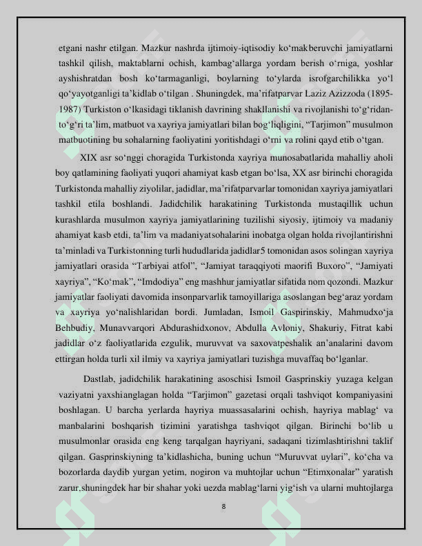 Jadid ma’rifatparvarlarining o‘lka ijtimoiy-ma’naviy hayotida  tutgan o‘rni (Munavvar Qori, Fitrat, Behbudiy, Avloniy va boshq.) 8