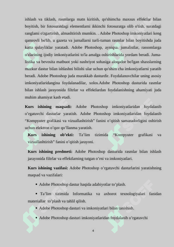 Adobe Photoshop dasturida rasmlar bilan ishlash jarayonida filtrlar va effektlardan foydalanishning ahamiyati. 4
