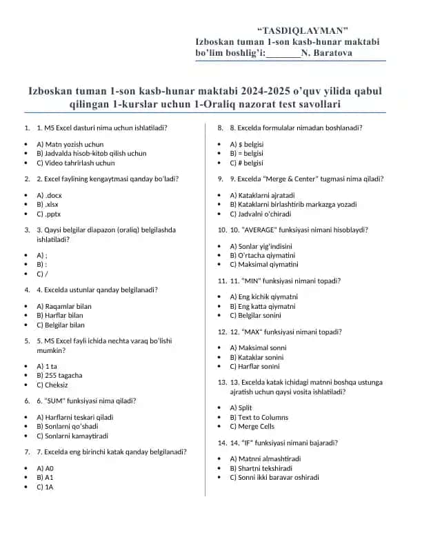 Informatika va axborot texnologiyalar fanidan  10-11 sunflar uchun oraliq  nazorat tect savollari