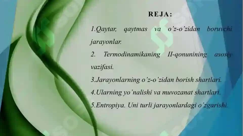 Qaytar va qaytmas jarayonlar. Termodinamikaning II qonuni. Entropiya. Termik va kalorik holat tenglamalari orasidagi bog'lanish. 2