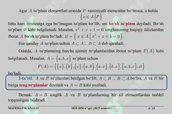 To‘plamlar. To‘plamlar ustida amallar. Matematik belgilar. Akslantirish va ularning turlari. Sanoqli to‘plamlar 4