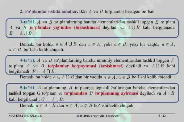 To‘plamlar. To‘plamlar ustida amallar. Matematik belgilar. Akslantirish va ularning turlari. Sanoqli to‘plamlar 5