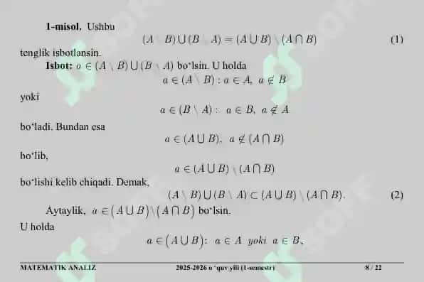 To‘plamlar. To‘plamlar ustida amallar. Matematik belgilar. Akslantirish va ularning turlari. Sanoqli to‘plamlar 8