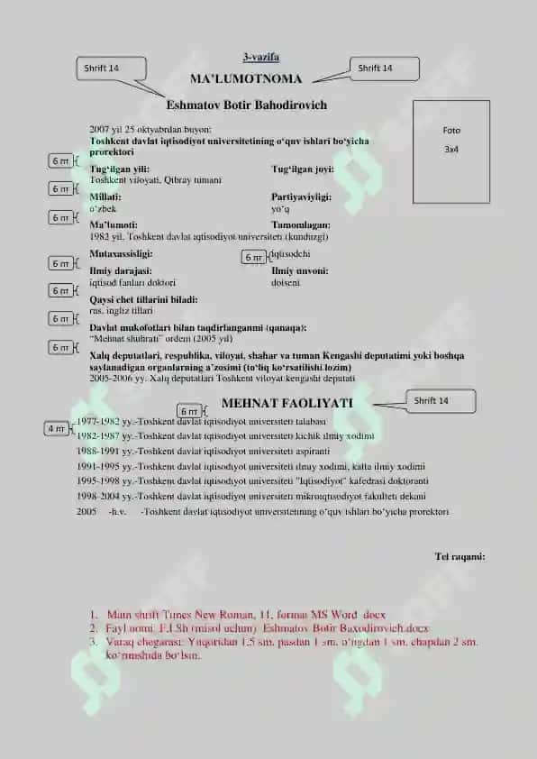 Microsoft Wordda iqtisodiyot sohasiga oid meyoriy hujjatlar bilan ishlash laboratoriya topshiriqlari 4