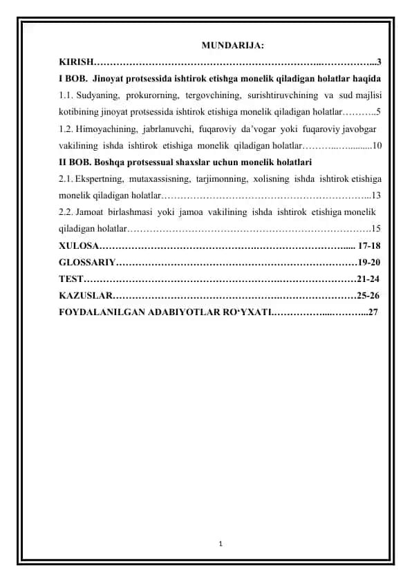 Jinoyat protsessida ishtirok etishga monelik qiladigan holatlar Kurs ishi, mustaqil ish uchun