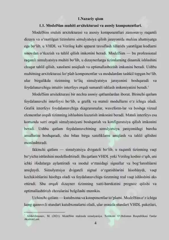 MODELSIM MUHITI VA O‘RNATILGAN TIZIMLARNI SIMULYATSIYA QILISH 4