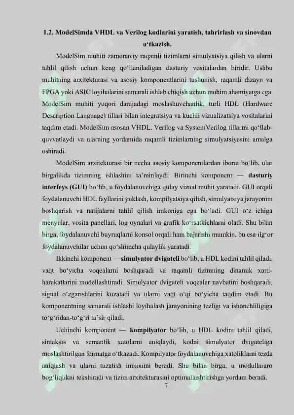 MODELSIM MUHITI VA O‘RNATILGAN TIZIMLARNI SIMULYATSIYA QILISH 7
