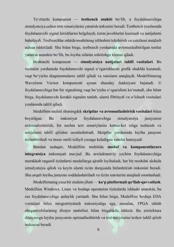 MODELSIM MUHITI VA O‘RNATILGAN TIZIMLARNI SIMULYATSIYA QILISH 8