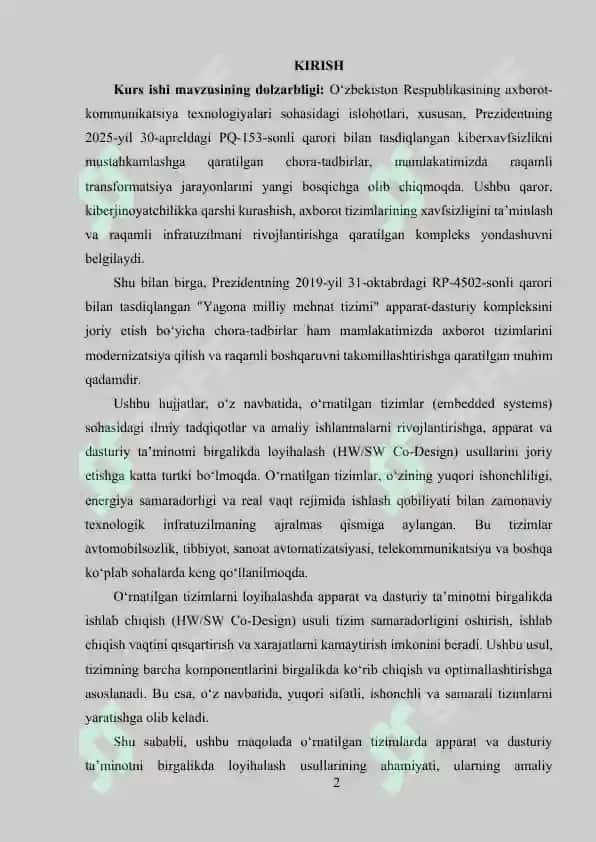 O‘RNATILGAN  TIZIMLARDA APPARAT VA DASTURIY TA’MINOTNING QO‘SHMA LOHIYALASH USULLARI  (HW/SW CO-DESIGN). 2