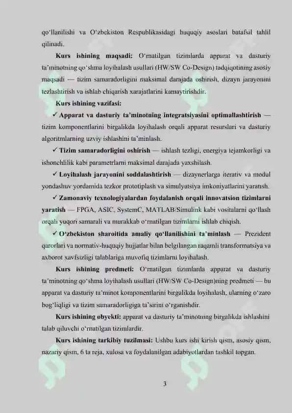 O‘RNATILGAN  TIZIMLARDA APPARAT VA DASTURIY TA’MINOTNING QO‘SHMA LOHIYALASH USULLARI  (HW/SW CO-DESIGN). 3