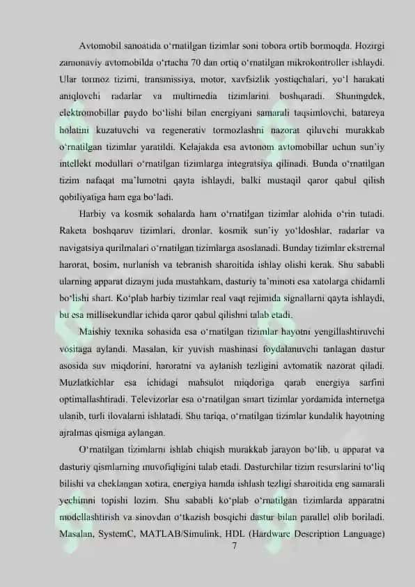 O‘RNATILGAN  TIZIMLARDA APPARAT VA DASTURIY TA’MINOTNING QO‘SHMA LOHIYALASH USULLARI  (HW/SW CO-DESIGN). 7