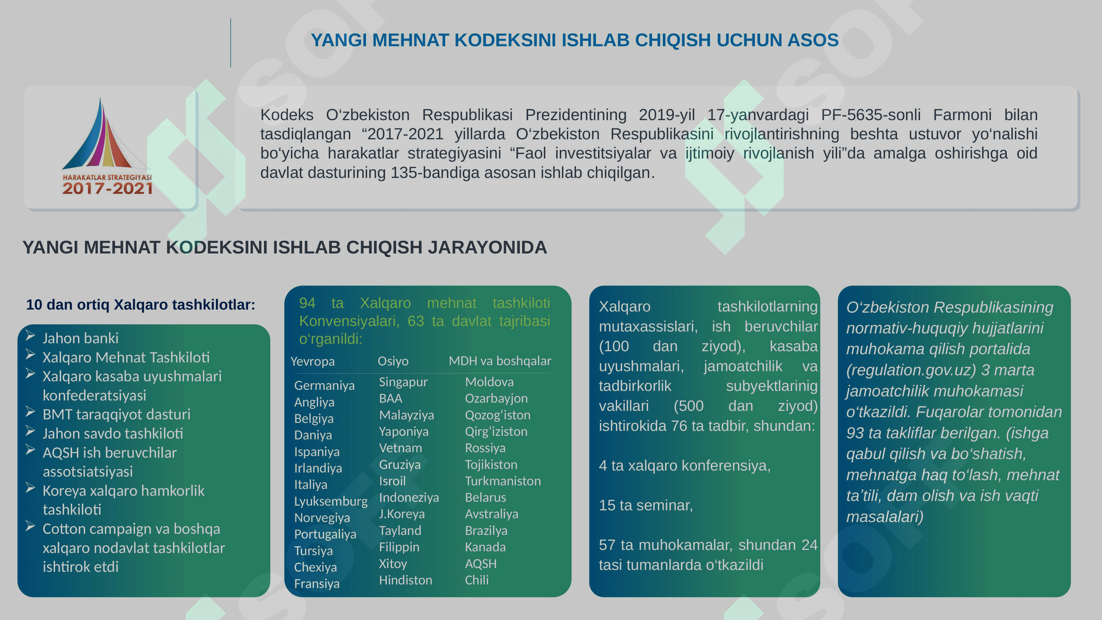 O‘zbekiston Respublikasining Mehnat kodeksini tasdiqlash to‘g‘risida"gi Qonun (O'RQ–798-son, 28.10.2022-y.) Prezident tomonidan imzolandi. 4