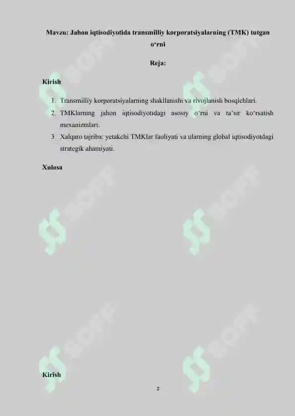 Transmilliy korporatsiyalarning jahon iqtisodiyotidagi ahamiyati TMK 2