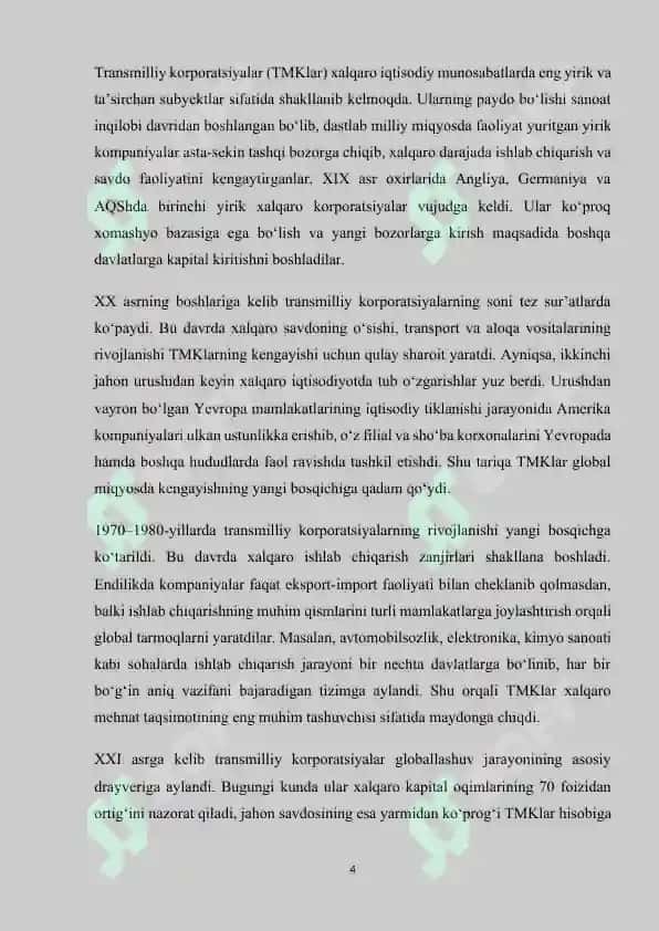 Transmilliy korporatsiyalarning jahon iqtisodiyotidagi ahamiyati TMK 4