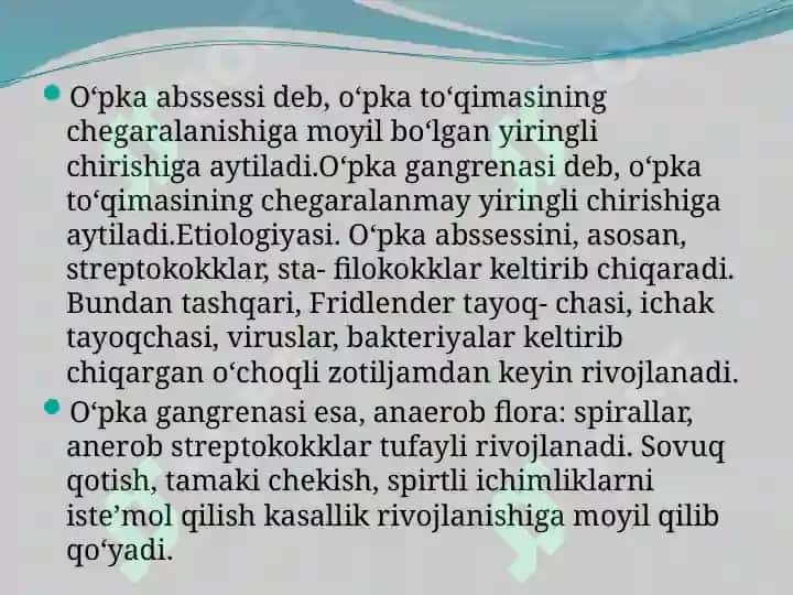 O’pkaning   yiringli kasalliklari.  O’pka abssesi va      gangrenasi 2