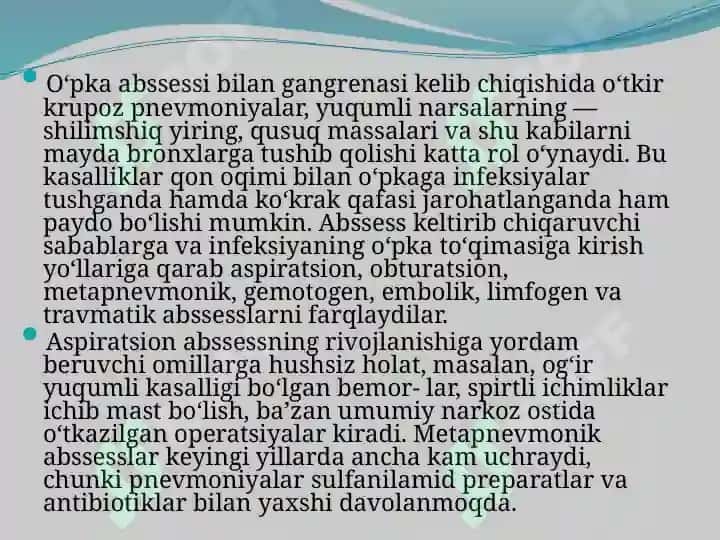 O’pkaning   yiringli kasalliklari.  O’pka abssesi va      gangrenasi 3