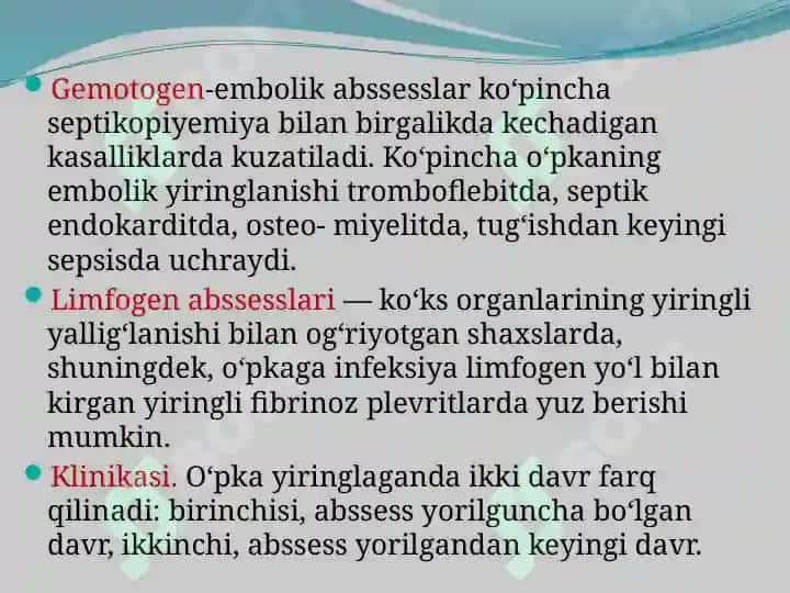 O’pkaning   yiringli kasalliklari.  O’pka abssesi va      gangrenasi 5
