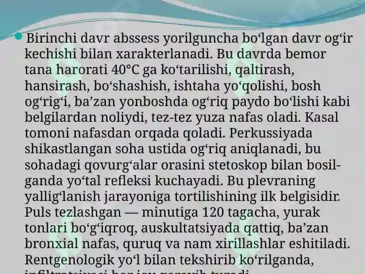 O’pkaning   yiringli kasalliklari.  O’pka abssesi va      gangrenasi 7