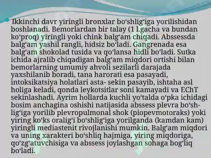 O’pkaning   yiringli kasalliklari.  O’pka abssesi va      gangrenasi 8