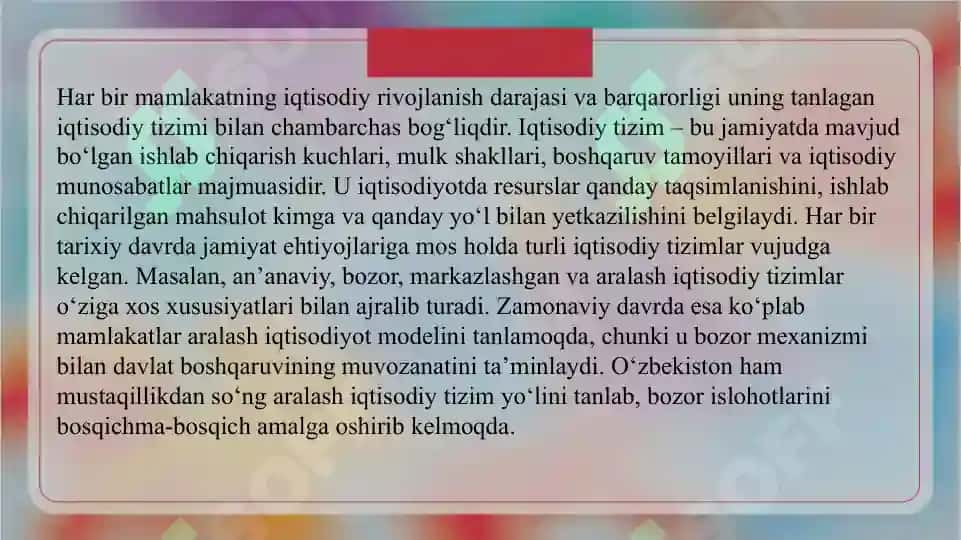 IQTISODIY TIZIM MODELLARI  SLAYD 3