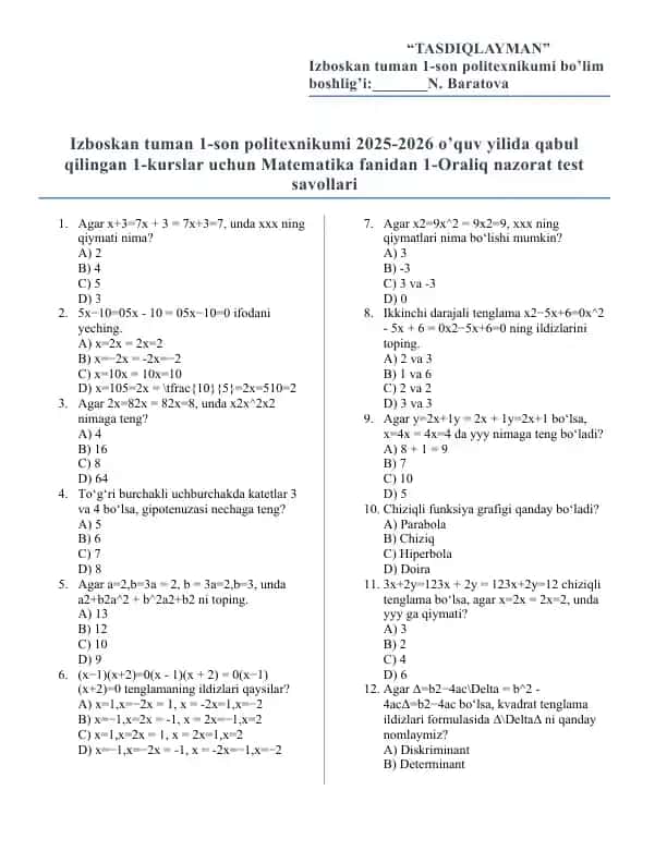 Politexnikum 1-kurslar uchun Matematika fanidan 1-oraliq nazorat uchun test savollari