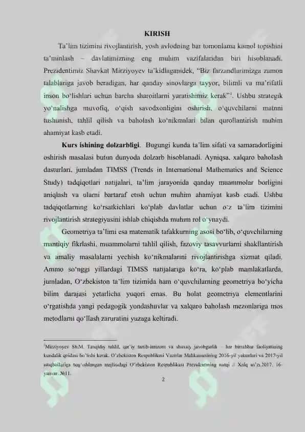 TIMSS Baholash Mezoni va Geometriya Elementlari Oʻqitishning Nazariy Asoslari 2