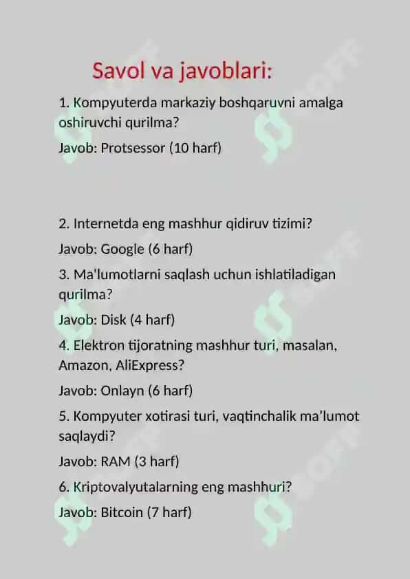 Informatika va raqamli iqtisodiyot krosword 2
