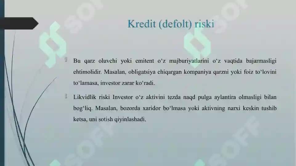 INVESTITSIYA FAOLIYATIDA YUZAGA KELADIGAN MOLIYAVIY RISKLAR 5