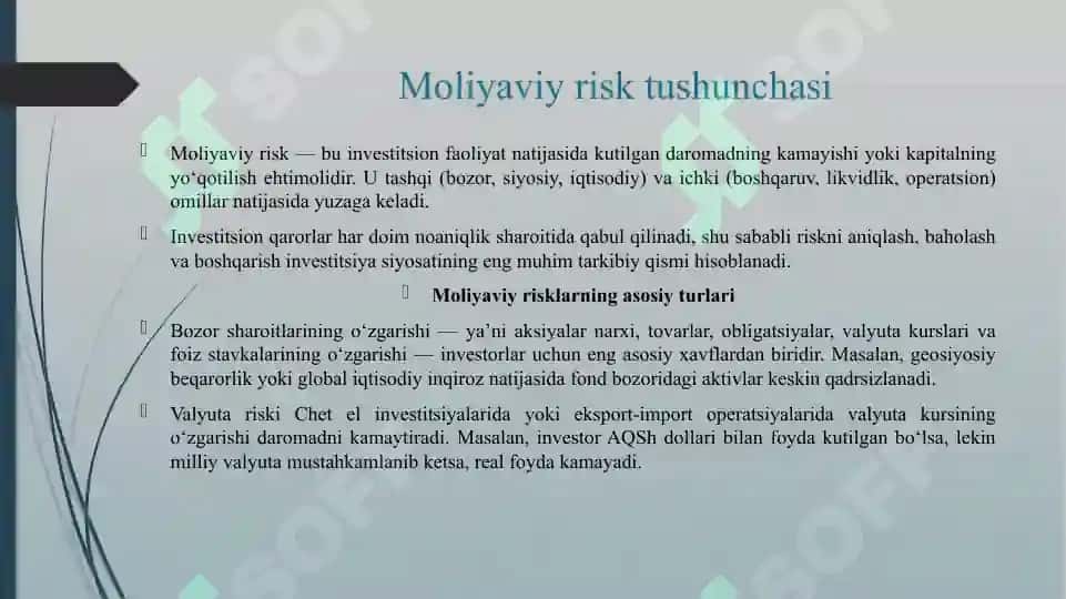 INVESTITSIYA FAOLIYATIDA YUZAGA KELADIGAN MOLIYAVIY RISKLAR 8