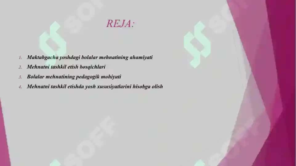 MAKTABGACHA YOSHDAGI BOLALAR MEXNATINI TASHKIL ETISH VA UNGA RAXBARLIK QILISH. 2