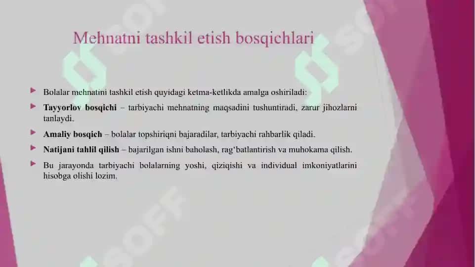 MAKTABGACHA YOSHDAGI BOLALAR MEXNATINI TASHKIL ETISH VA UNGA RAXBARLIK QILISH. 5