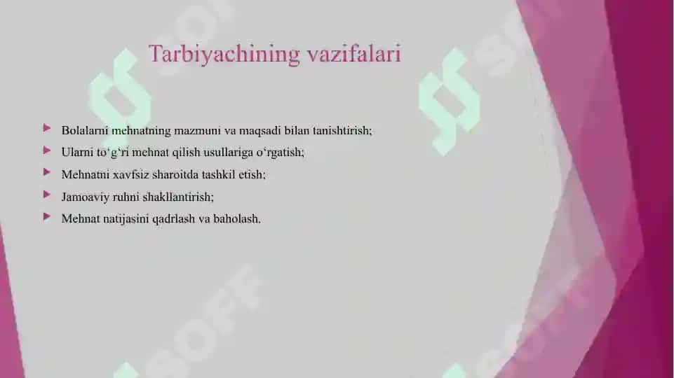 MAKTABGACHA YOSHDAGI BOLALAR MEXNATINI TASHKIL ETISH VA UNGA RAXBARLIK QILISH. 7