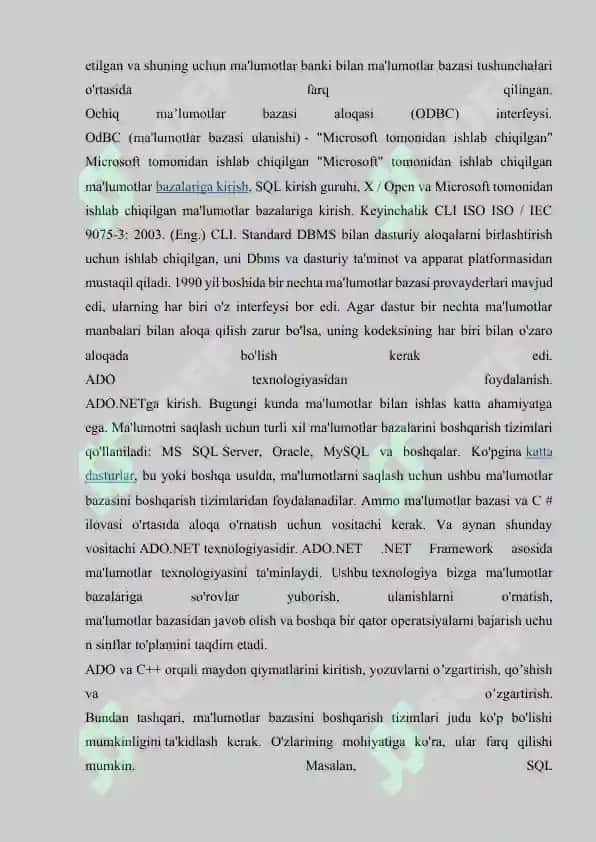 Ochiq ma'lumotlar bazasi aloqasi (ODBC) interfeysi 7
