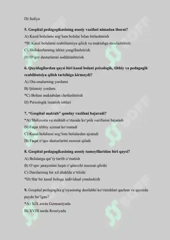 Gospital pedagogika fanidan test 2