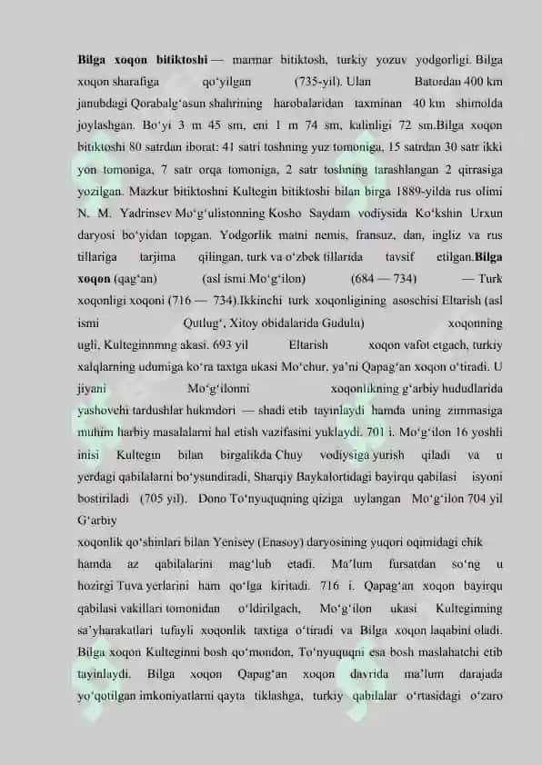 Bilgi xoqon bitiktoshi matnidagi sof turkiy so’zlarni aniqlash. 2