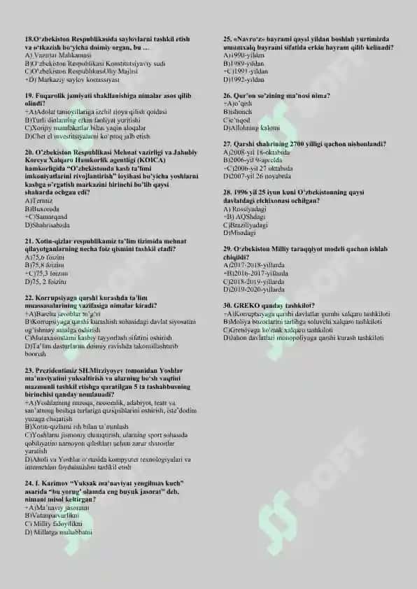O'zbekistonning eng yangi tarixi fanidan testlar javoblari bilan. 8
