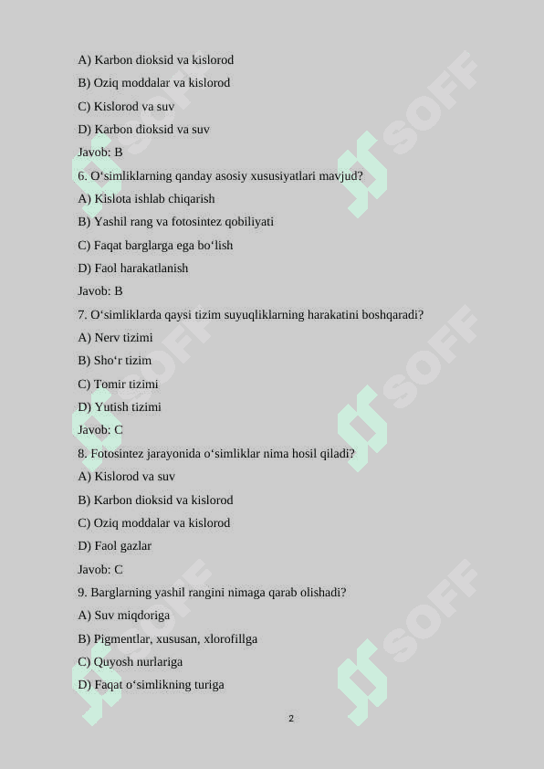 7-sinf Biologiya fanidan mavzulashtirilgan 100 ta variantli test savollari va javoblari bilan 2