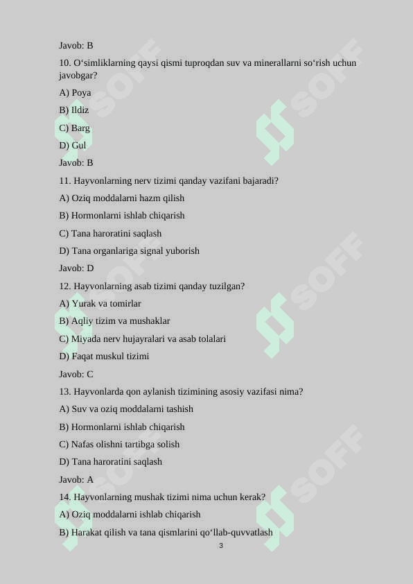 7-sinf Biologiya fanidan mavzulashtirilgan 100 ta variantli test savollari va javoblari bilan 3