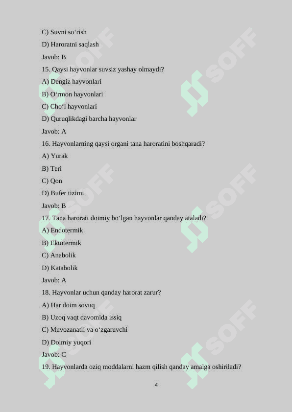 7-sinf Biologiya fanidan mavzulashtirilgan 100 ta variantli test savollari va javoblari bilan 4