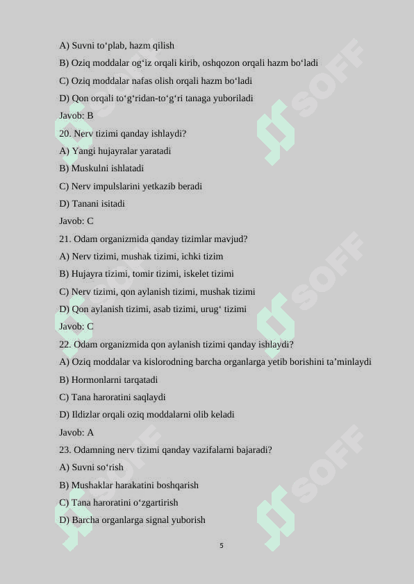 7-sinf Biologiya fanidan mavzulashtirilgan 100 ta variantli test savollari va javoblari bilan 5