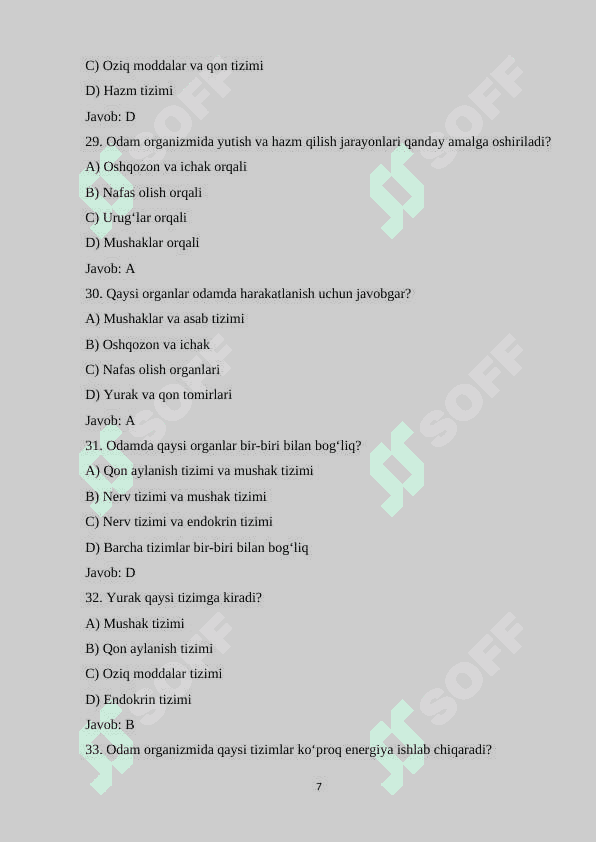 7-sinf Biologiya fanidan mavzulashtirilgan 100 ta variantli test savollari va javoblari bilan 7