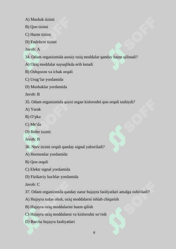 7-sinf Biologiya fanidan mavzulashtirilgan 100 ta variantli test savollari va javoblari bilan 8