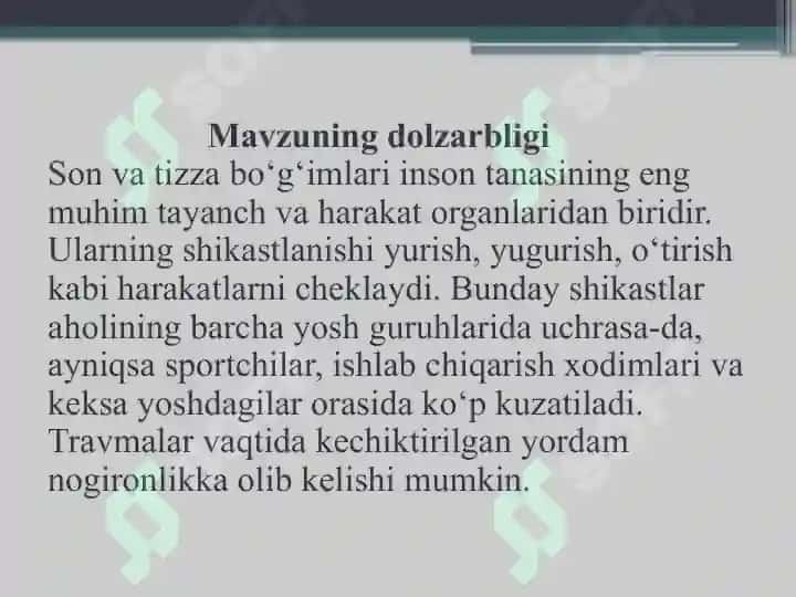 Tibbiyotga oid prezentatsiya Son va tizza bo'g'imi shikastlari 2